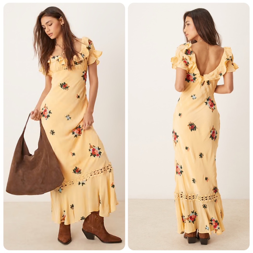 NWT Free People Floral Embroidered Puff Sleeve Maxi Dress medium